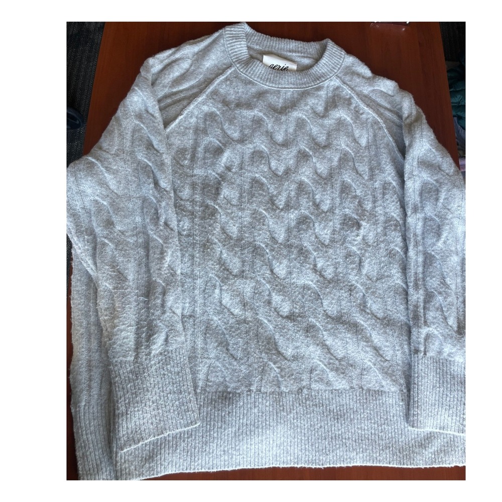 Aerie Womens Small Gray Cable Knit Raglan Sleeve Crewneck Sweater Heather Gray